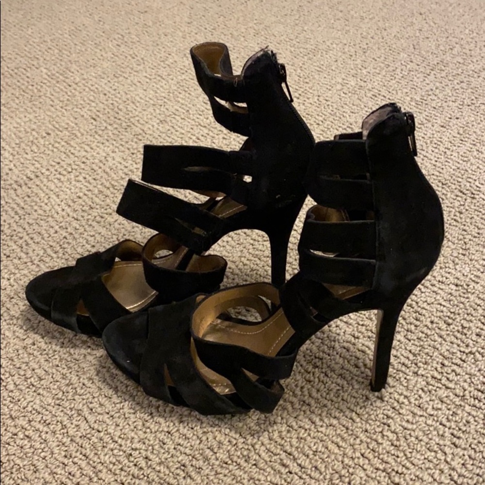 BCBGeneration Black Strappy Suede High Heel Sandals